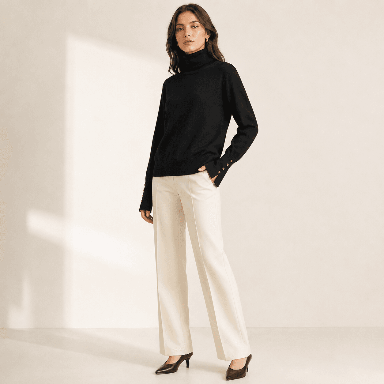 Button Cuff Turtleneck Knit Top-3