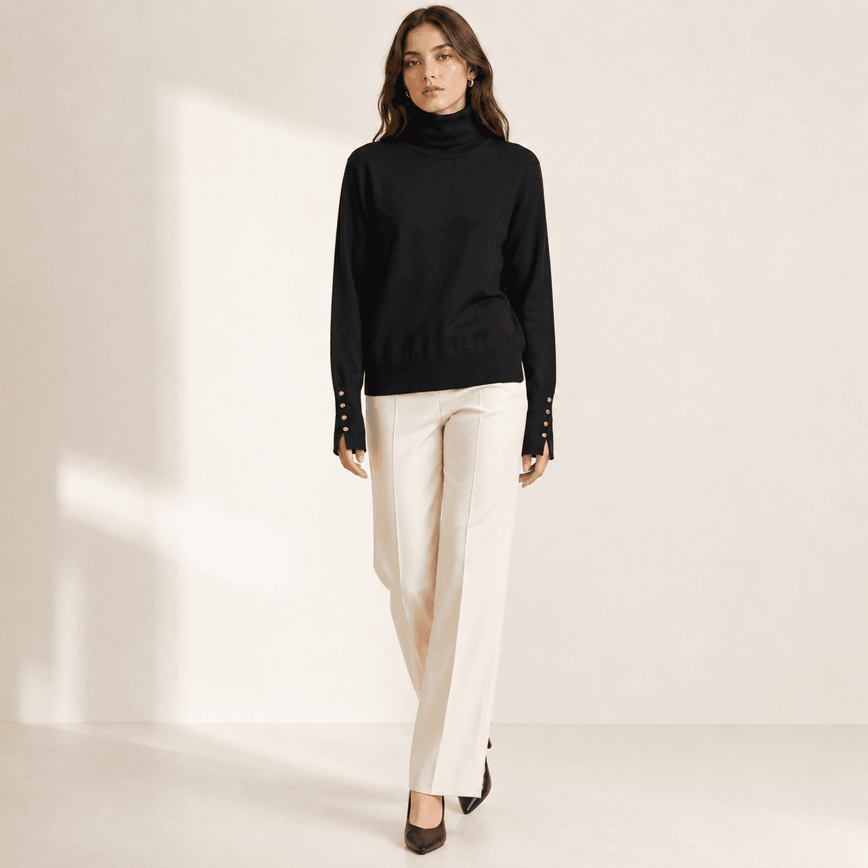 Button Cuff Turtleneck Knit Top-4
