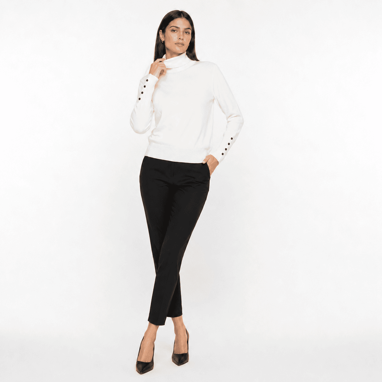Button Cuff Turtleneck Knit Top