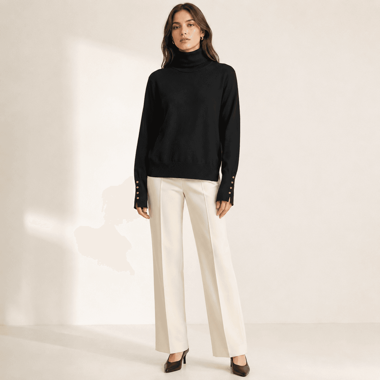 Button Cuff Turtleneck Knit Top